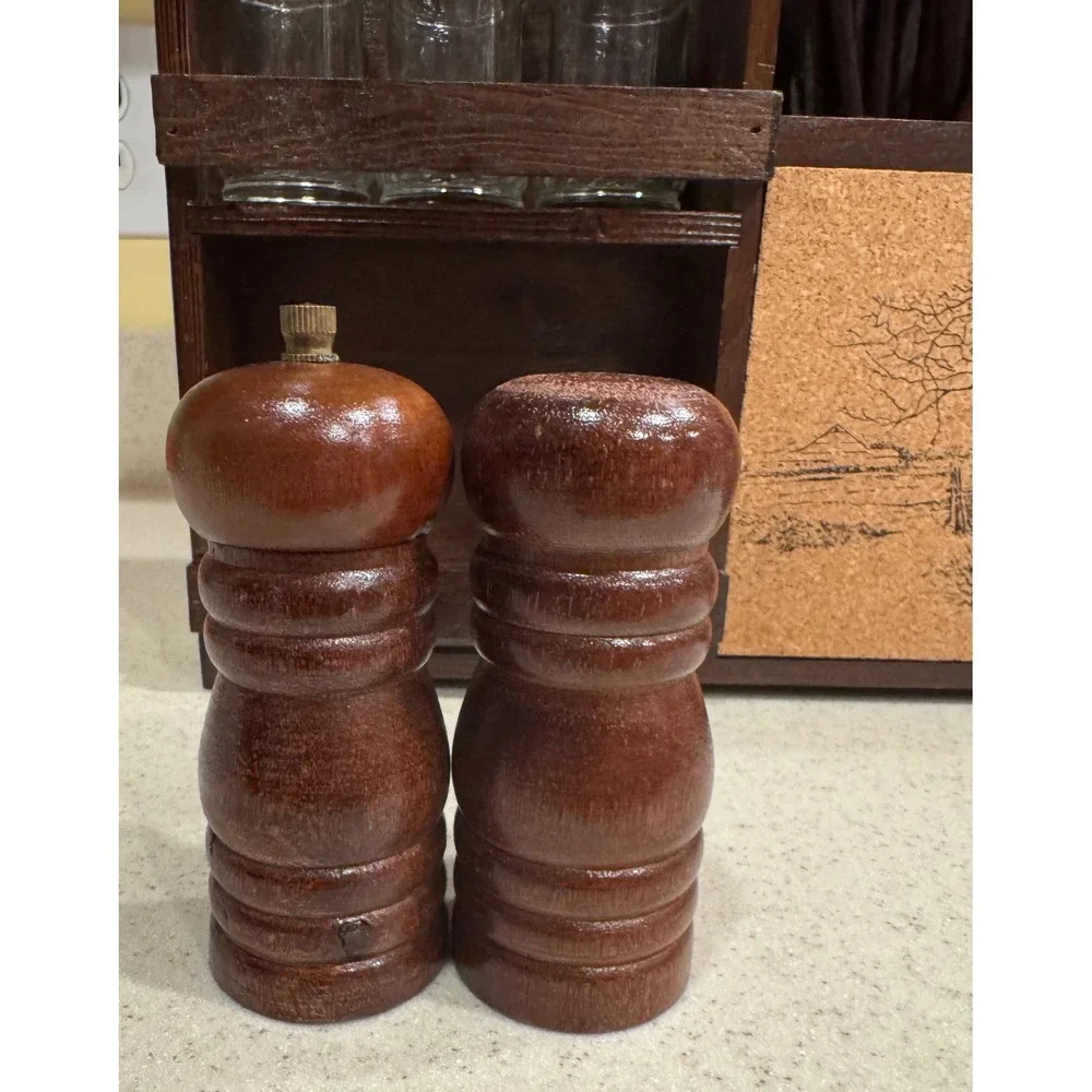 Vintage Wooden Spice Rack Spice Bottles, Salt Pepper Mill, Recipe Box, Utensils